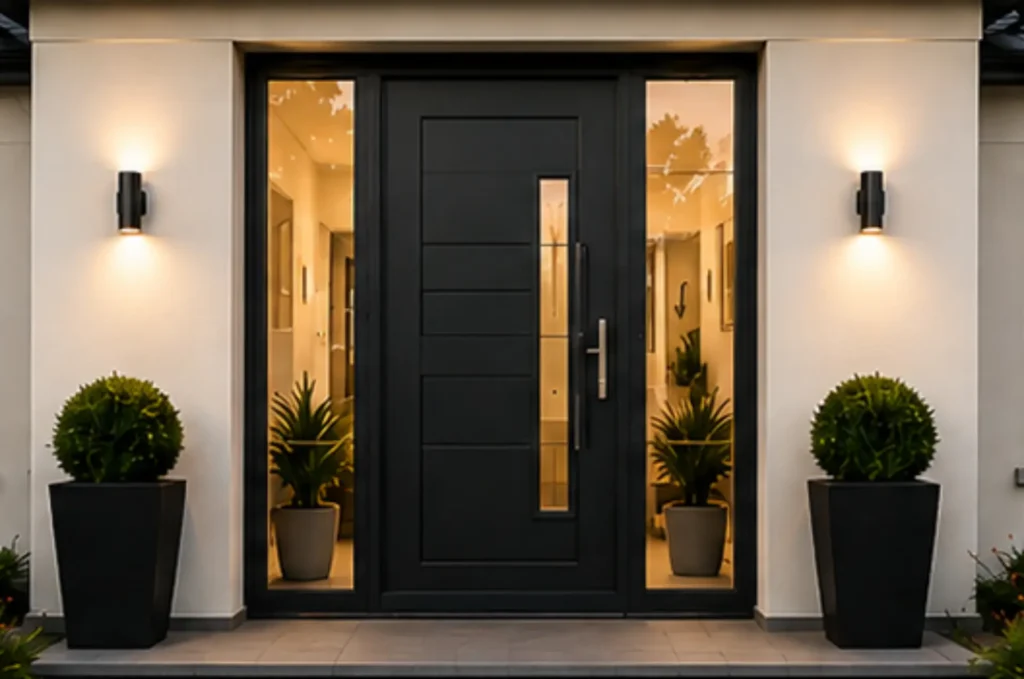 Black front door with side windows at a modern home