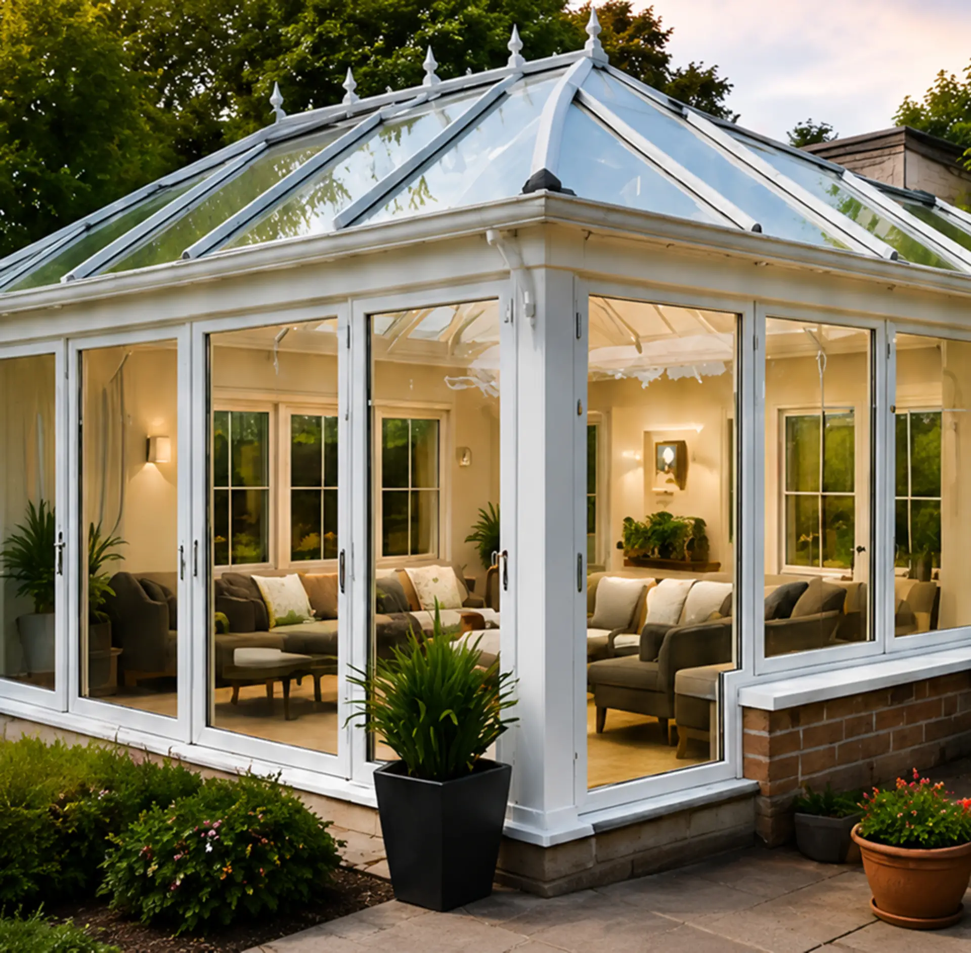 Bright conservatory extension with large glass windows