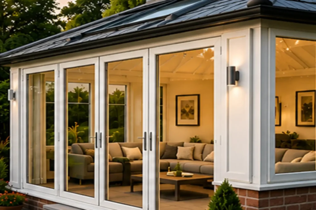 Contemporary sunroom with large windows and glass doors