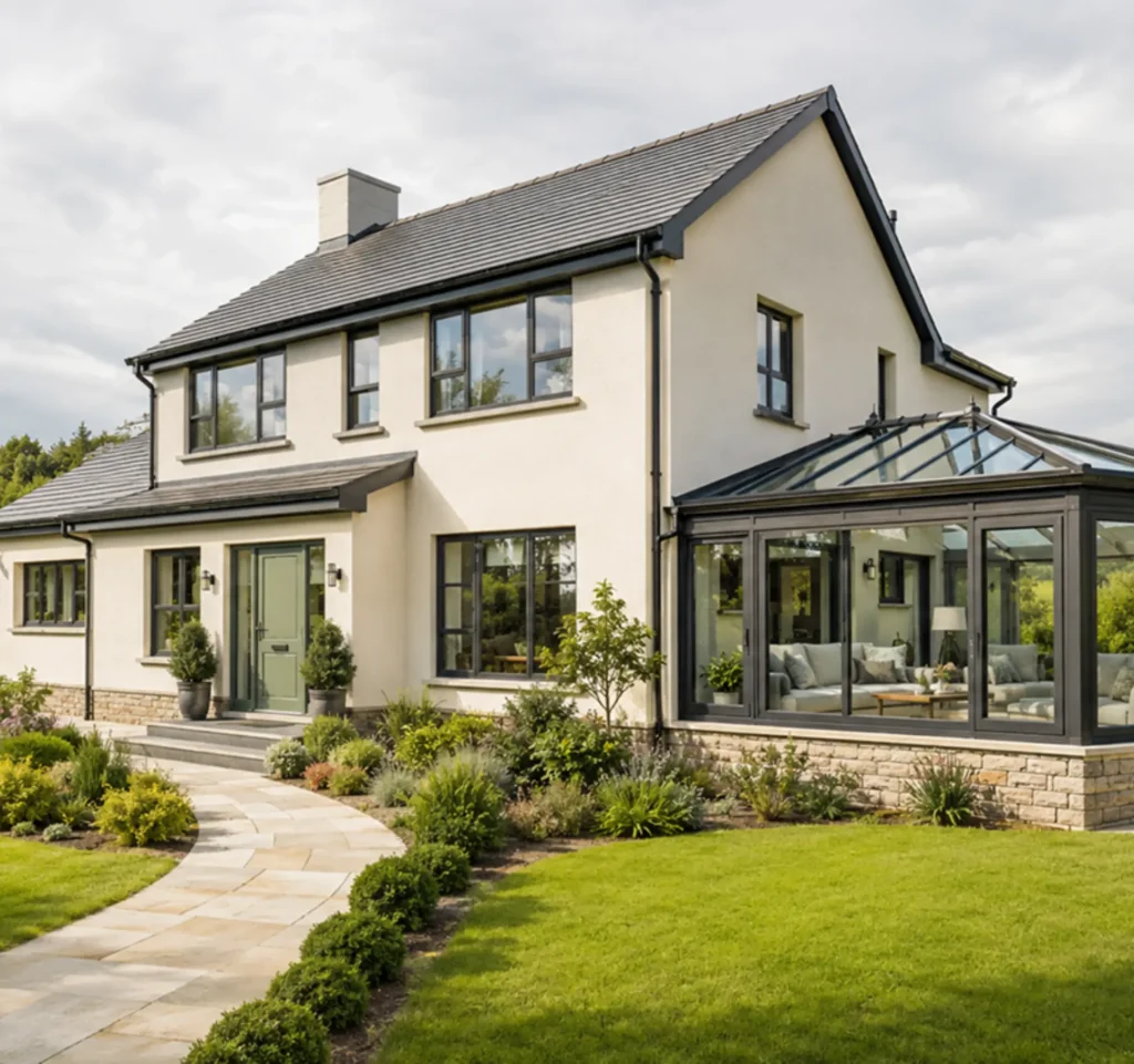 White house with modern glass conservatory Carlow
